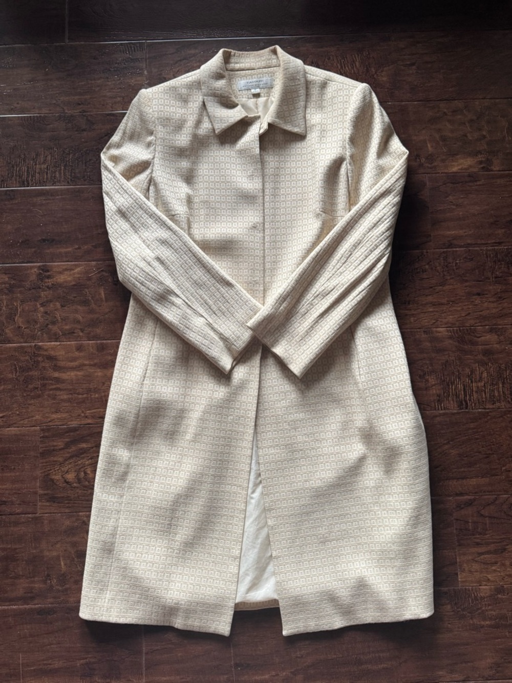Tahari ASL Levine Beige Geometric Block Print Trench Coat Size 14
